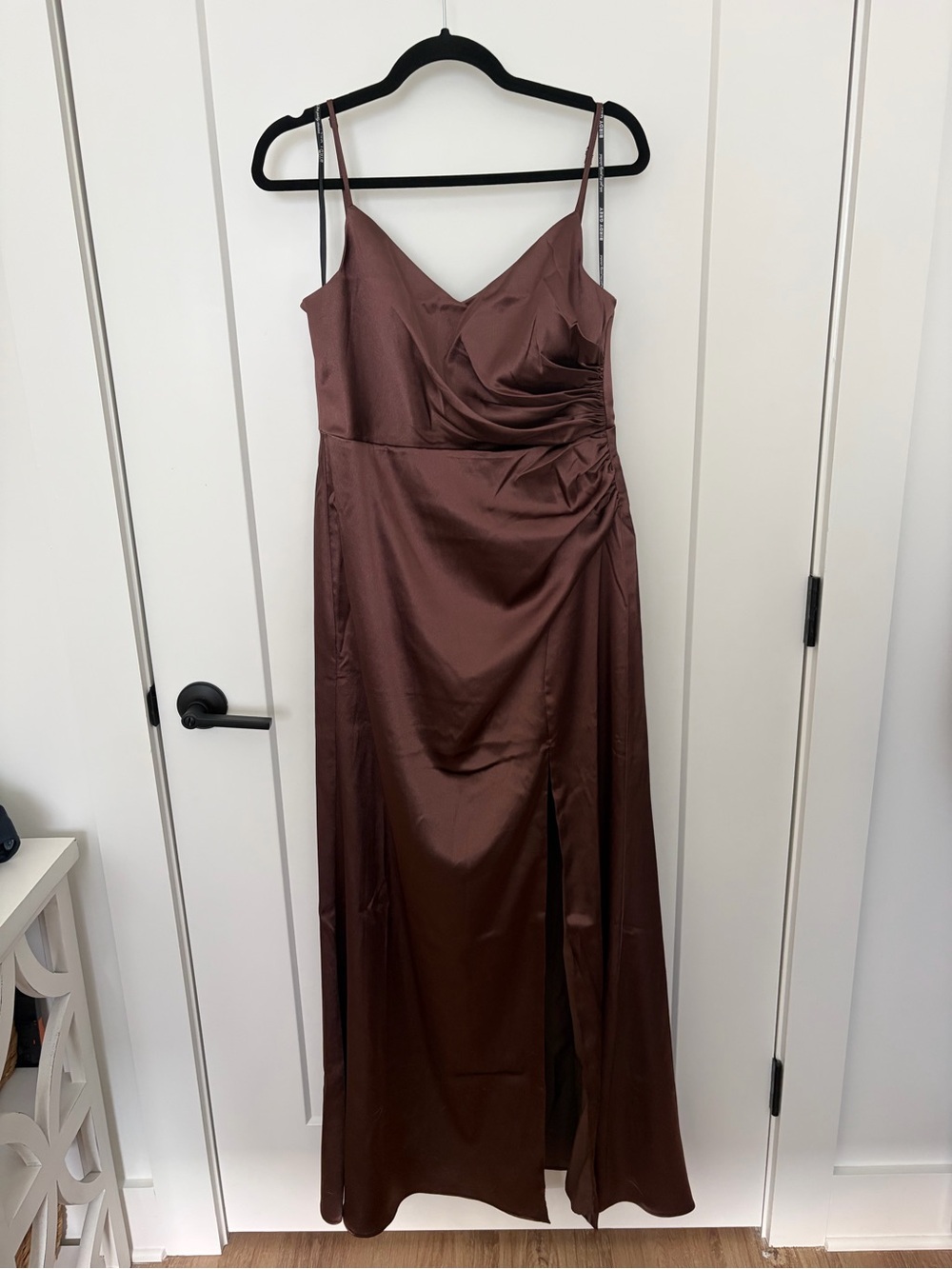 Birdy Grey Chocolate Brown Satin Maxi Dress with Draped Bodice